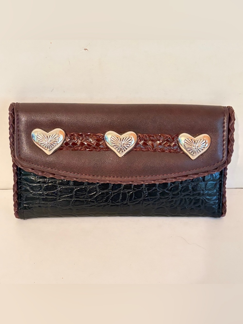 Black & Brown Croc Embossed Faux Leather Wallet Silver Heart Embellishments